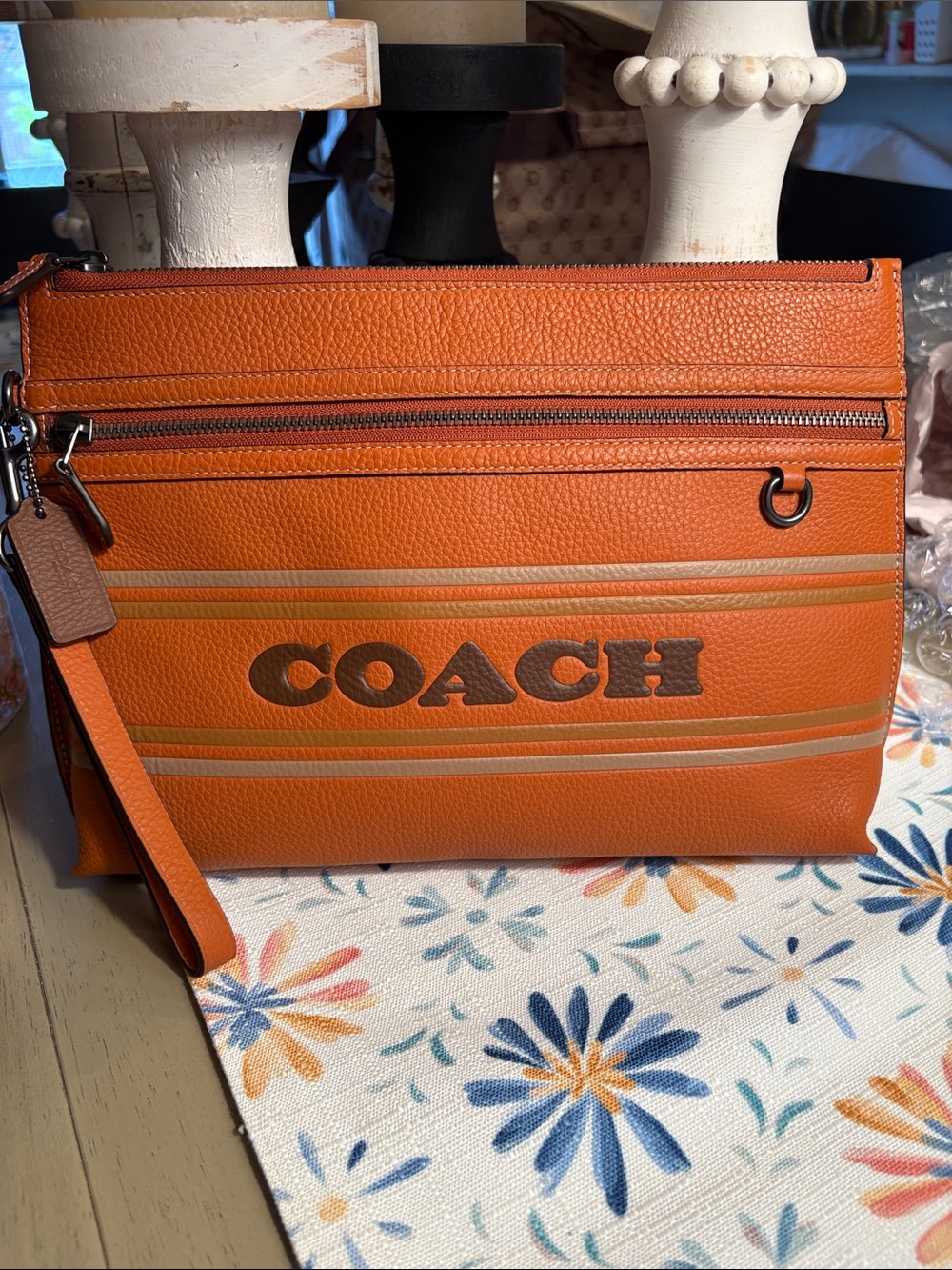 Coach Orange Leather Zip Pouch with Bold Logo